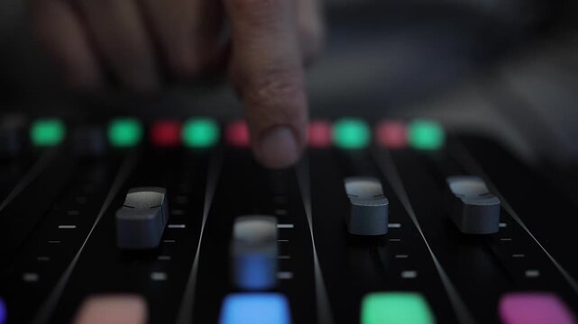 Narrow focus audio mixing board: Adjusting production volume faders