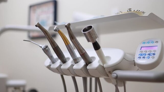 Dental power tools in rack in dentist's procedure room, instruments