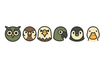 Cute cartoon bird heads set with owl, eagle, parrot, penguin, and duck characters