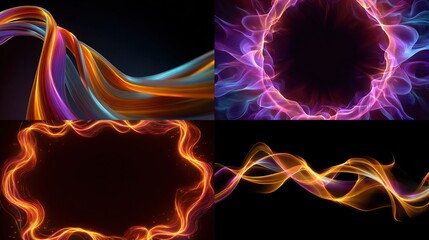 Four abstract, glowing visuals. Twisted ribbons, portal, frame, and wave motion, all with fiery color palettes