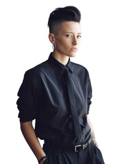 Confident Businesswoman in Stylish Suit with Modern Androgynous Look