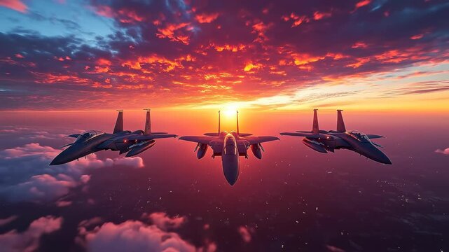 Military jets flying at sunset. Three military jets fly in formation above the clouds during a bright sunset. The dramatic sky highlights their power and speed.