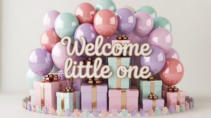 Baby shower greeting card welcome little one with balloons and gifts