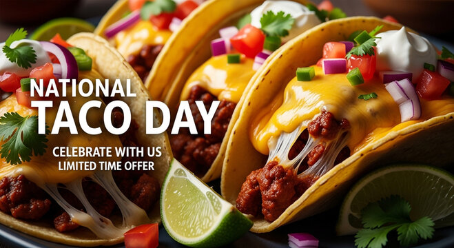 National Taco Day celebration with delicious beef tacos and a limited time offer