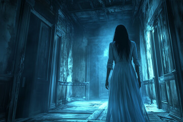 Creepy ghost woman in dark haunted house.