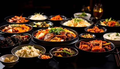 Assorted bowls of Asian dishes on dark table dimly