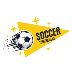 Vector art of soccer tournament logo featuring a dynamic soccer ball with motion lines and a yellow triangle with stars, creating a sporty design