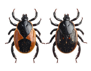 Two arachnid ticks, dorsal view, showing color variations, isolated on black