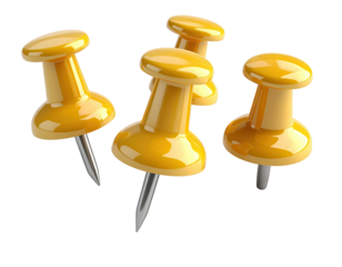 Four glossy yellow pushpins, with silver needles, isolated on a black background