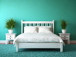 Bedroom scene with white bed, turquoise walls, and green plants