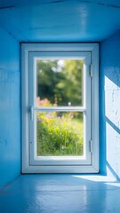 Obraz premium Bright sunlight streaming through a clean white window onto a blue wall