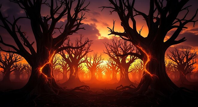 Spooky Forest at Sunset with Fiery Sky and Silhouetted Trees. - Powered by Adobe