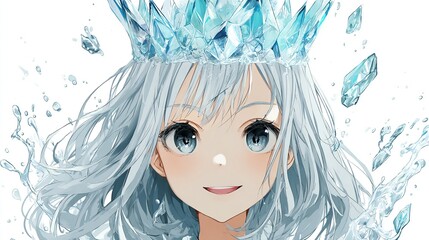 A smiling anime-style girl with blue eyes & icy hair wearing a crystalline crown. Water splashes frame her