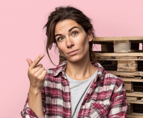 A woman points with consideration towards something, standing against a backdrop of stacked wooden pallets.