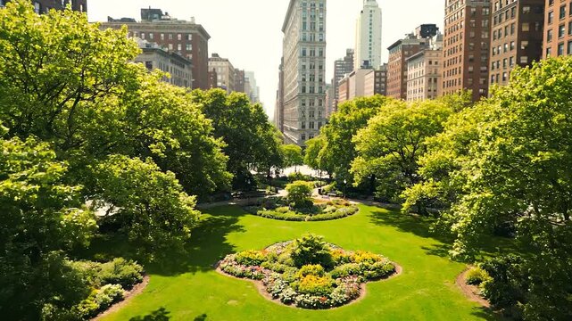Trees surround a green park with flowers at the center, framed by buildings. The park's green grass and trees blend with flowers and urban buildings in view.