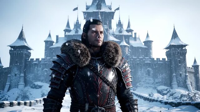 Knight stands before snow castle. Medieval warrior faces fortress gate. Fur collar and armor are visible. Snow drifts across stone battlement. Soldier holds steady pose and gaze. Hero stands vigilant.
