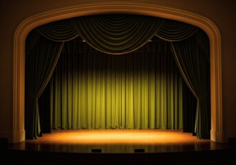 A theater stage with green curtains closed over a wooden floor, framed by an ornate arch and warm lighting.
