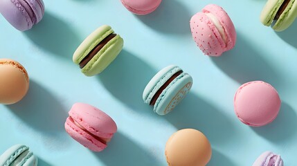 Obraz premium Pastel-colored macarons arranged diagonally across a serene blue background, forming a visually appealing pattern with delightful shadows, capturing a sense of sweetness and lightheartedness,...