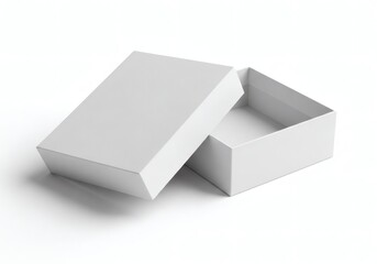 "A plain white rectangular box with its lid partially open, showing an empty interior