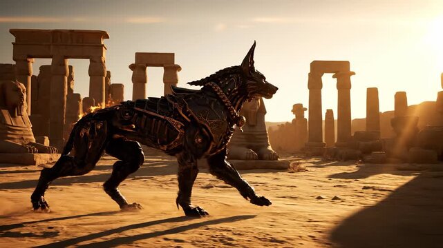 Armored anubis prowls in desert temple. Ancient ruin and sphinx statue surround creature. Sunset light casts long shadow across sand. Mythic atmosphere feels mysterious and epic. Tale evokes awe.