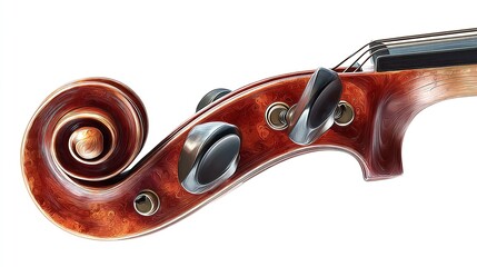 Violin scroll, pegbox, and tuning pegs detail against a clean white backdrop