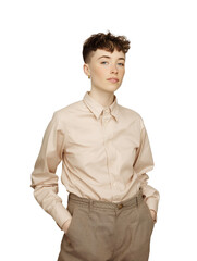 Confident Businesswoman in Stylish Suit with Modern Androgynous Look