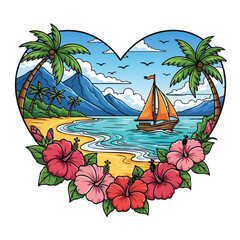 Tropical Beach Scene in Heart Shape.