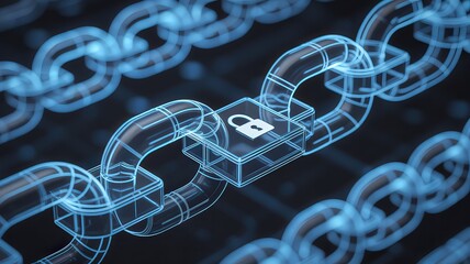 A close up of a blue chain with a padlock securing it on a dark background with a slight blur effect