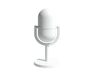A stylized white microphone, set against a stark black background, isolated