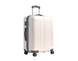 White upright rolling suitcase with extended handle and ribbed exterior, isolated