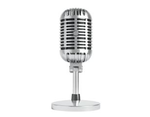 Gleaming silver vintage microphone stands alone against a black background