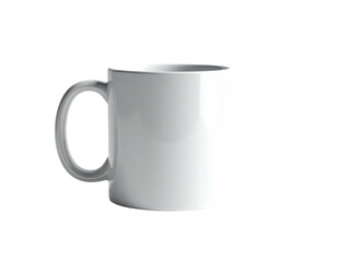 A plain white ceramic mug with a curved handle, isolated on black