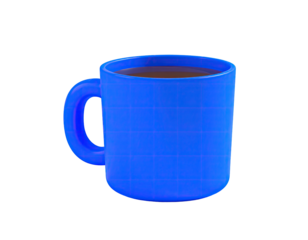 A glossy, blue mug filled with dark liquid, set against a black background