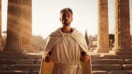 Man stands in ancient temple. Roman toga drapes over shoulder in portrait pose. Stone column frames man among ruin and weathered stair. Warm sunset glow fills temple and casts long shadow. Greece. - Powered by Adobe