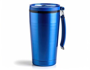 Blue metal travel mug, lid, carry strap, isolated, white bg