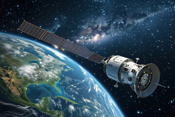 Sleek High-Tech Artificial Satellite Orbiting Earth Amid Twinkling Stars
