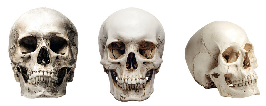 Human Skull Collection isolated on a transparent PNG background, white background, cut out