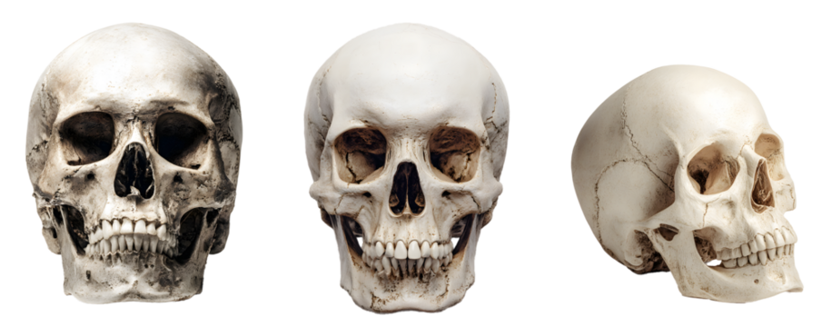 Human Skull Collection isolated on a transparent PNG background, white background, cut out
