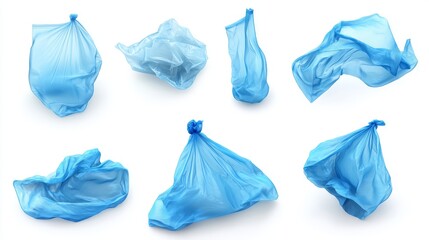 Fototapeta premium 35.A set of multiple blue plastic shopping bags in different statesâ€”some fully intact, others crumpled and wrinkledâ€”laid out on a white background with realistic texture and light reflections.
