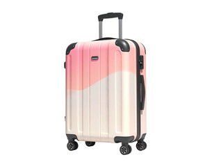 A vibrant, two-tone pink and white rolling suitcase isolated against a black background