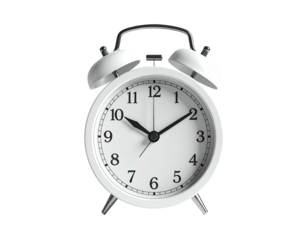 A classic, white alarm clock set against a black background, displaying the time