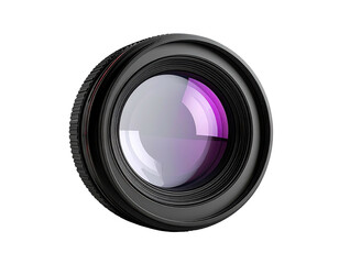 Professional photographic lens with complex internal optics reflecting purple hues