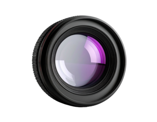 Professional photographic lens with complex internal optics reflecting purple hues