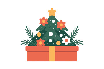 Christmas tree with star and flowers in a gift box illustration