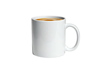 A white mug holds hot beverage with a swirl on a black background
