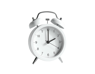 A classic white alarm clock on black, hands showing 200, with bell-topped design