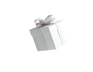 A floating white gift box with a light pink ribbon and bow against black