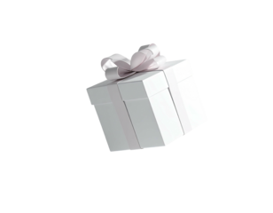 A floating white gift box with a light pink ribbon and bow against black