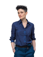 Confident Businesswoman in Stylish Suit with Modern Androgynous Look
