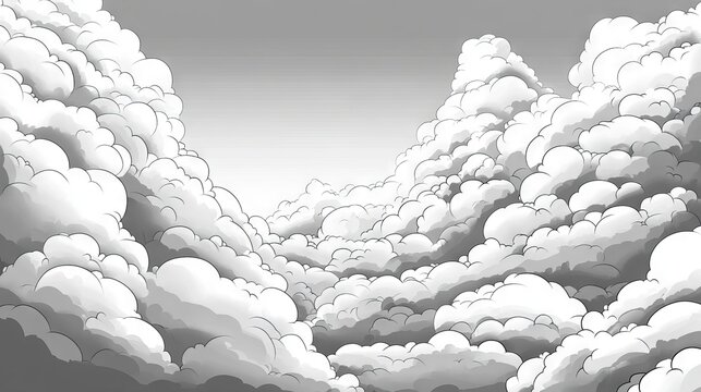 57.A high-definition vector illustration of a daytime anime sky with stylized, exaggerated clouds. The puffy formations are outlined with subtle cel shading, creating a semi-realistic yet artistic